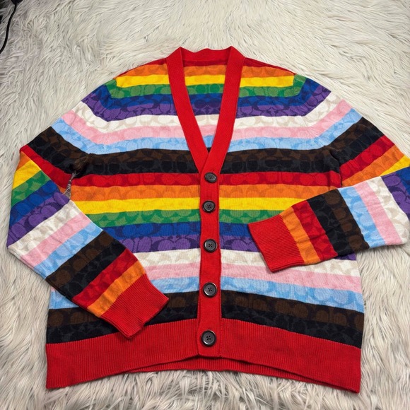 Coach Women's L Rainbow Stripe Signature Cardigan Sweater Cotton Pride
